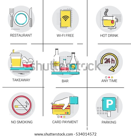 Any Time Open Restaurant Bar Service Public Sign Icon Set Vector Illustration