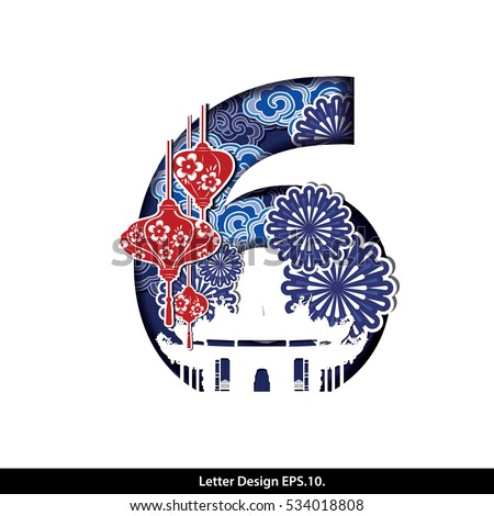Vector of Chinese Oriental style in Letter number tape six with Traditional Chinese House and  Lanterns. For Chinese New Year Celebration.