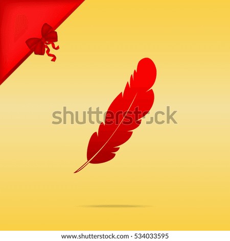 Feather sign illustration. Christmas design red icon on gold background.