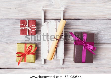 Set of Christmas accessory over white wooden background