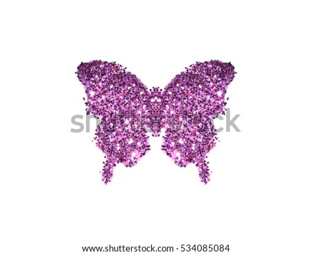 Butterfly of purple glitter on white background, icon for your design