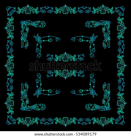 Set of square frames, corners in ornate vintage hand drawn doodle style. Flowers, roses, pears, branches, leaves, wave elements for design. Green-blue watercolor style