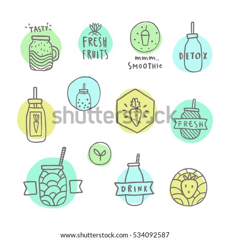 Doodle smoothie icons. Vector hand drawn illustration