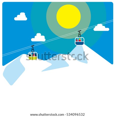 Winter sunny snowing Alps mountains view with cable cars. vector illustration. Snowboarding and skiing resort.