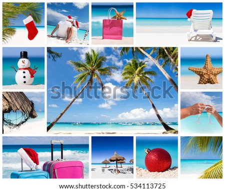 Collage with images of christmas and new year celebration on tropical beach  Royalty-Free Stock Photo #534113725