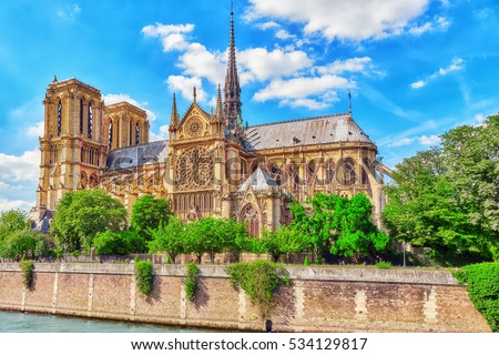 Notre Dame de Paris Cathedral, most beautiful Cathedral in Paris. View from the River Seine. France. Royalty-Free Stock Photo #534129817