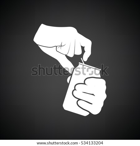 Human hands opening aluminum can icon. Black background with white. Vector illustration.