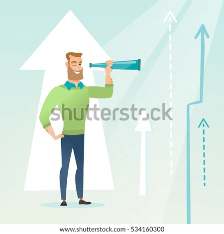 Caucasian businessman looking through spyglass on arrows going up symbolizing business opportunities. Concept of business vision and opportunities. Vector flat design illustration. Square layout.