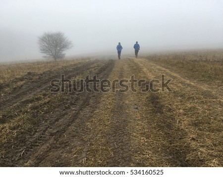two young man friends running together on the trail in the autumn mountains with mist. Sport active photo.