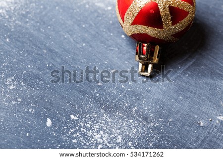 christmas background with holiday ornaments on blue background and copy space