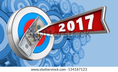 3d illustration of archery target with 2017 year arrow and 100 dollars over many targets background