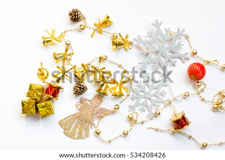 Set of decoration for Christmas and New year (Snow flake, Bell, Ball, Gift box, Pine, Drum, Angel) on white background