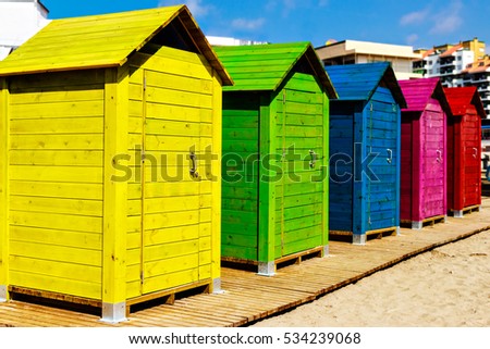 Beautiful colorful beach cabins. Horizontal image. Royalty-Free Stock Photo #534239068