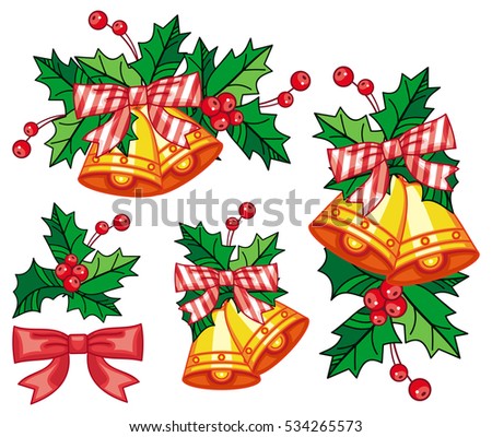 Set of golden jingle bells. Christmas decoration. Design elements for greetings cards, labels, invitations, stickers and other artistic works. Raster clip art.