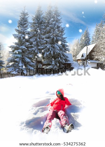  Christmas portrait concept. Winter landscape background