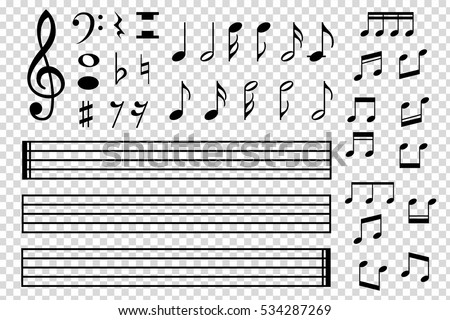 Set of various black musical note icon isolated on transparent background. Vector illustration for music design. Melody tune symbol pattern. Key sign collection. Tone element art. Royalty-Free Stock Photo #534287269