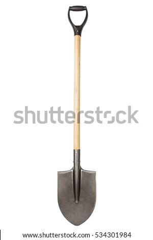 Metallic shovel with wooden handle isolated on white background, farm tools, clipping path included Royalty-Free Stock Photo #534301984