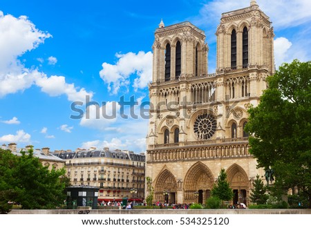 Notre Dame cathedral facade in Paris, France Royalty-Free Stock Photo #534325120