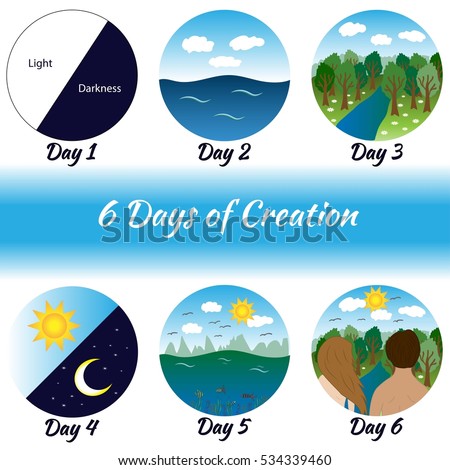 Six days of Creation. Bible creation story pictures.Vector illustration. Royalty-Free Stock Photo #534339460
