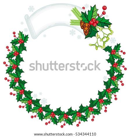 Round frame in shape of wreath with holly berry and pine cones. Copy space. Christmas decoration.  Raster clip art.