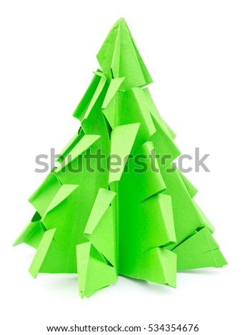 Origami Christmas tree isolated on white background. Decoration, Happy New Year postcard.