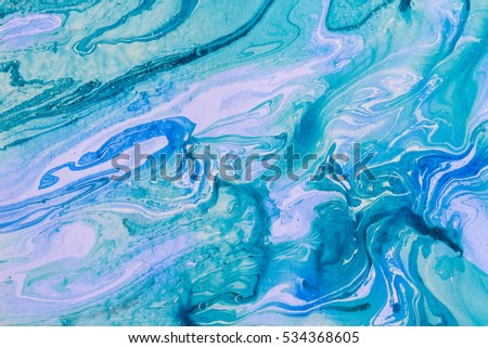 Blur marbling azure-violet texture. Creative background with abstract oil painted waves handmade surface. Liquid paint.