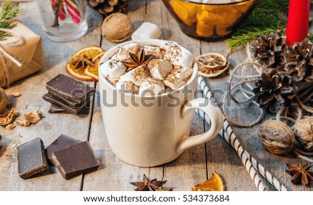 hot cocoa with marshmallows. Christmas background. 