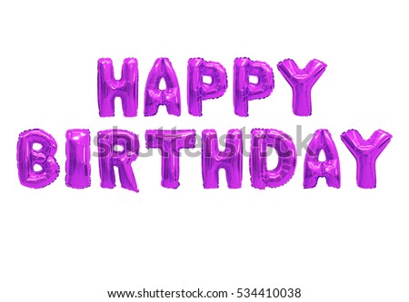 Word happy birthday in english alphabet from purple balloons on a white background. holidays and education.
