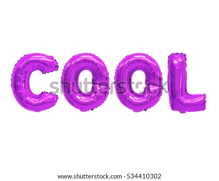 Word cool in english alphabet from purple balloons on a white background. holidays and education.