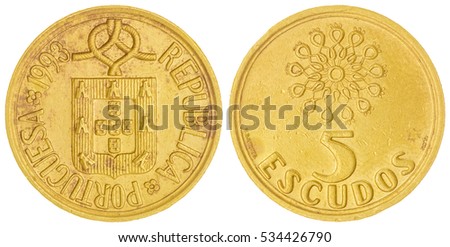 Nickel-Brass 5 escudos 1993 coin isolated on white background, Portugal