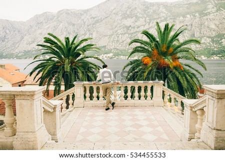 business man travel europe. Mountains and palms background. Back view
