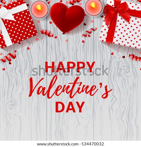 Valentine's Day greeting card. Top view on romantic composition with gift boxes and red case for ring. Beautiful backdrop with candles, serpentine and confetti on wooden texture. Vector illustration.