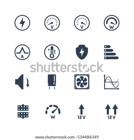 PSU or power supply unit for desktop computer vector icon set. Protections and features Royalty-Free Stock Photo #534486349