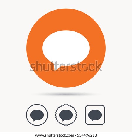Speech bubble icon. Chat symbol. Orange circle button with web icon. Star and square design. Vector