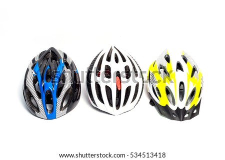 Colorful bike helmets isolated on white background.Bicycle mountain bike safety helmet isolated.