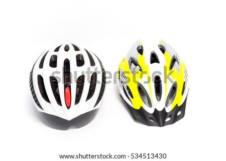 Colorful bike helmets isolated on white background.Bicycle mountain bike safety helmet isolated.