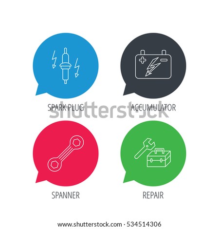 Colored speech bubbles. Accumulator, spanner tool and car service icons. Repair toolbox, spark plug linear signs. Flat web buttons with linear icons. Vector