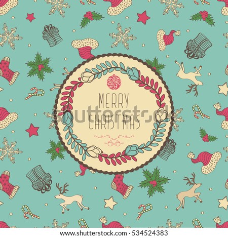 Abstract Cute Christmas Card With Seamless Holiday Pattern