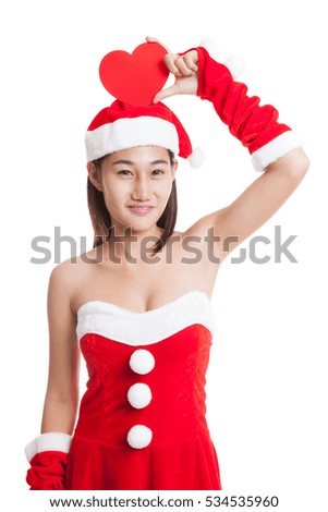 Asian Christmas Santa Claus girl with red heart  isolated on white background.