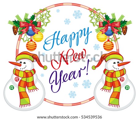 Winter holiday label with snowman and greeting text: "Happy New Year!". Christmas design element. Vector clip art.