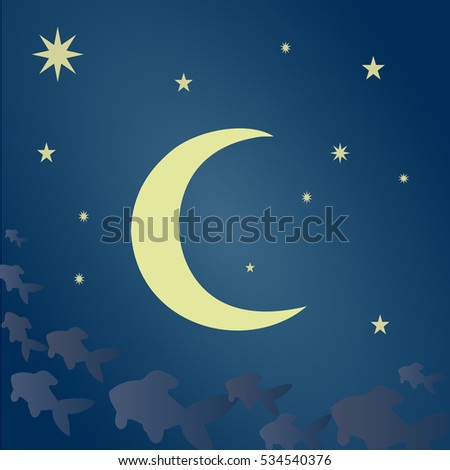 Blue sky with stars, big bright moon. Fantasy clouds in the form of a fabulous fish. Vector illustration suitable for illustrating the mysterious, mystical nights, unusual and enigmatic stories, etc.