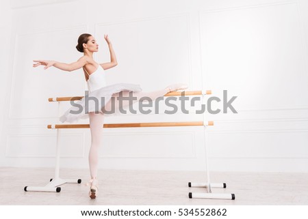 Elegant sporty girl throwing her leg on the bar