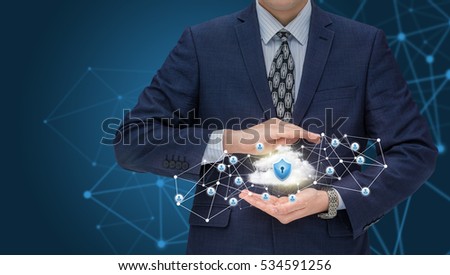 Businessman protects your data network. Concept security.
