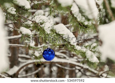 blue toy ball hangs on a snowy branch.