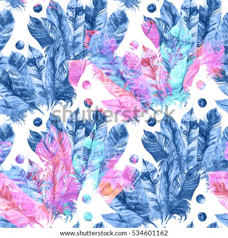 Feathers pattern colorful watercolor painting. Pastel blue animal print isolated on a white.