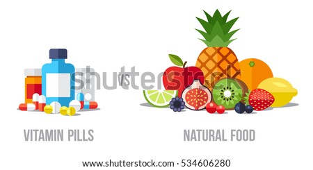 Vector illustration of vitamin pills vs. natural food. Healthy eating concept. Flat style. Royalty-Free Stock Photo #534606280