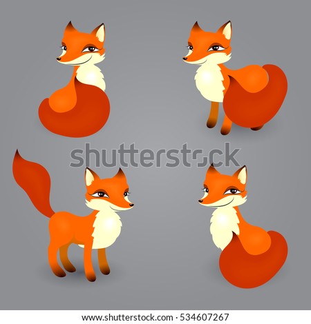 vector set of red mischievous cunning fox with a red tail in different poses isolated on a gray background