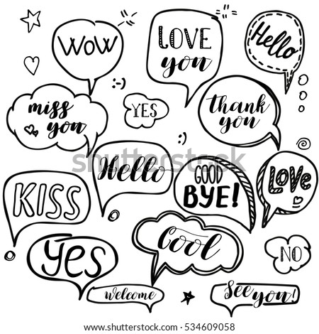 Set of hand drawn think and talk speech bubbles with love message, greetings and dialog words. Doodle style comic balloon, cloud, heart shape design elements. Isolated vector.
