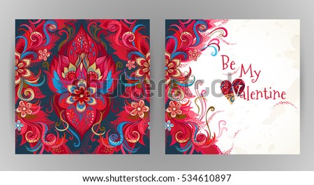 Vector ornate floral card. Romantic decor Be My Valentine. Template vintage frame for invitation, thank you message, Valentine's Day greetings. Red flower, heart with place for text.