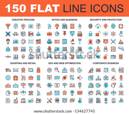 Vector set of 150 flat line web icons on following themes - creative process, corporate business, office and business, security and protection, shopping and retail, SEO and web optimization. Royalty-Free Stock Photo #534627745